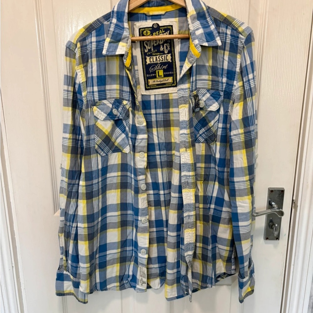 Superdry Men's Blue and Yellow Plaid Shirt